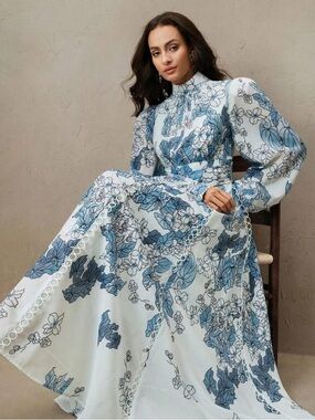 Zimmermann Inspired Blue Floral Maxi Dress Romantic Puff Sleeve New